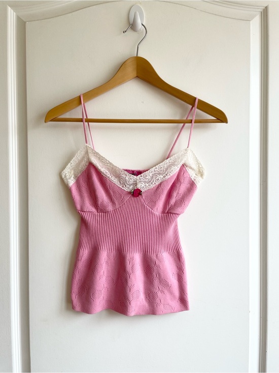 Betsey Johnson Tops - Vintage Betsey Johnson Pink Corset Knit Babydoll Cami Top S 100% Cotton Y2K